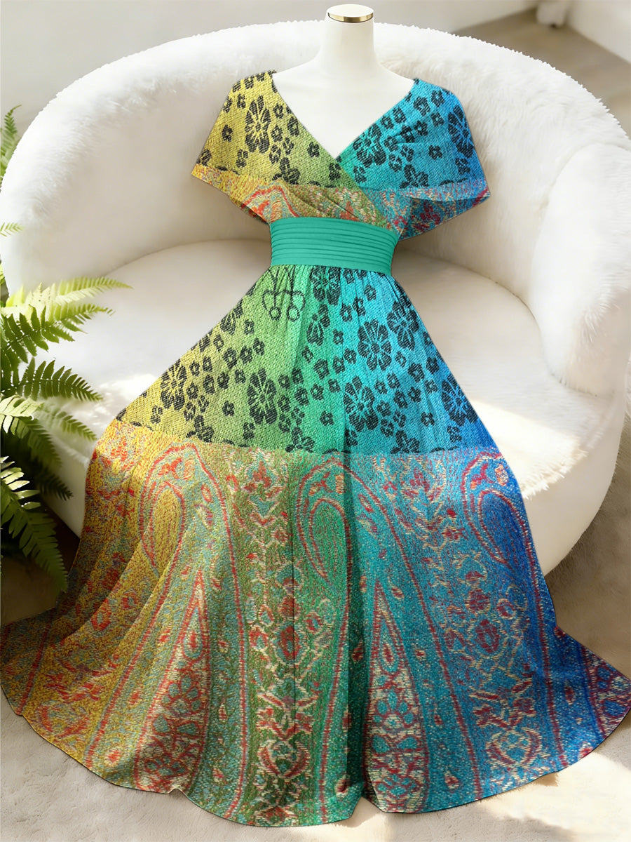 Retro Floral Art Printed Elegant V-Neck Vintage Batwing Short Sleeve Maxi Dress